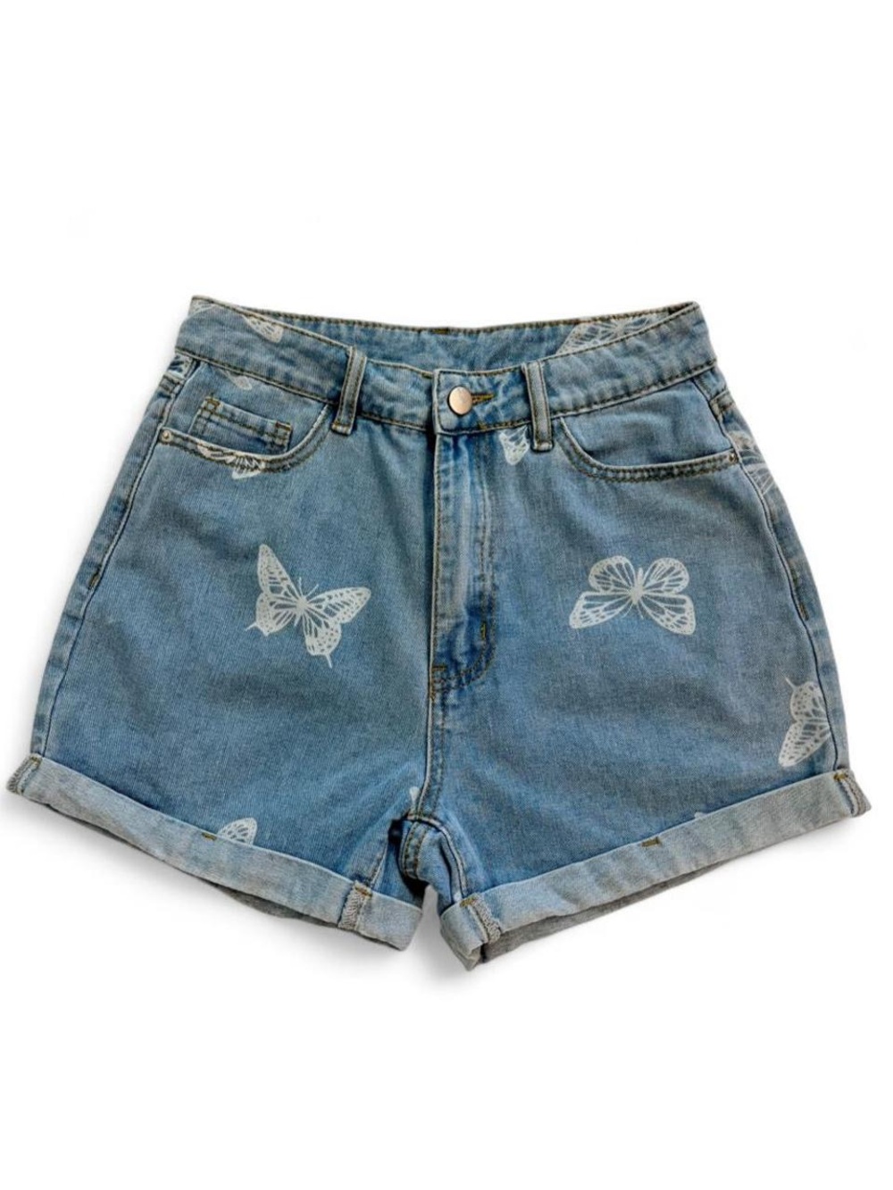Butterfly fairy coquette summer light wash blue denim jean shorts high rise Y2K